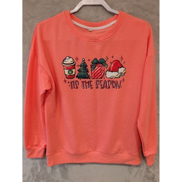 Boutique / Unknown Tops - Tis The Season Christmas Sweatshirt Coral Pink Medium Holiday Graphic